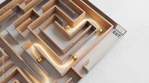 Wallpaper Mural Golden spheres navigate wooden maze toward exit, dynamic light trails conveying motion and strategy in minimal modern composition Torontodigital.ca