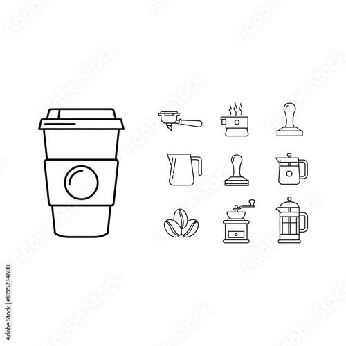 Collection of coffee-related icons including takeaway cup and brewing equipment illustrations on white background