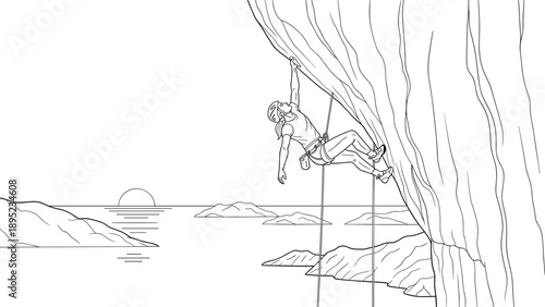 Climber ascends rocky cliffside at sunset in detailed line drawing
