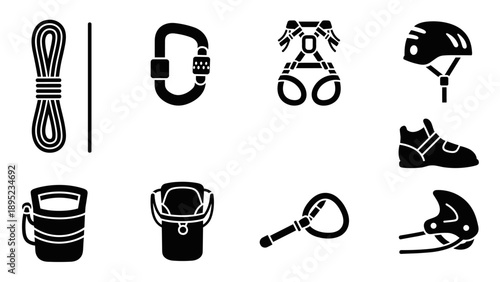 Essential climbing gear icons set: harness, helmet, rope, and more for outdoor adventure