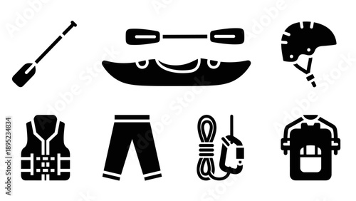 Kayaking gear icons: paddle, kayak, helmet, life vest, and safety essentials