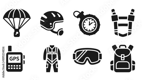 Skydiving gear icons set: parachute, helmet, stopwatch, harness, radio, suit, goggles, backpack