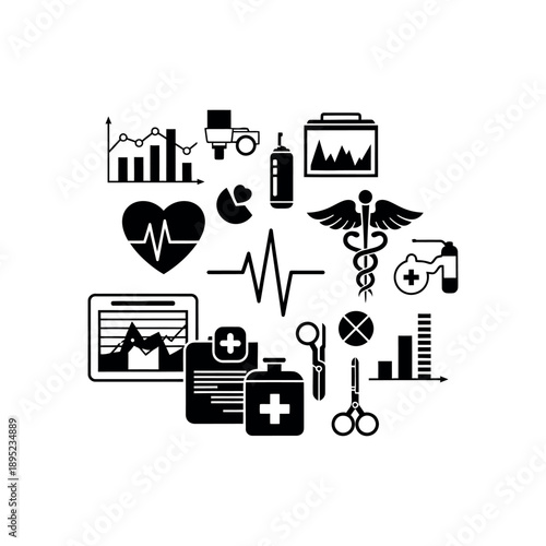 Medical icons collection illustrating healthcare and medicine concept with various symbols and graphics