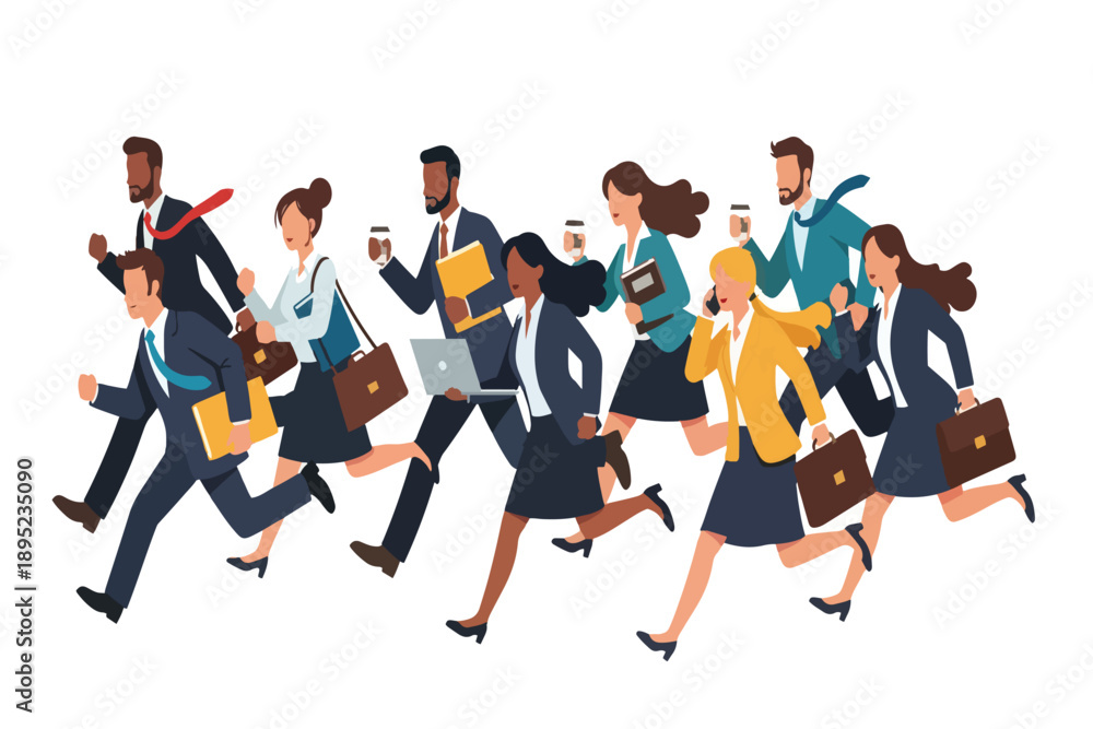 Fototapeta premium Flat modern illustration of diverse business professionals running with laptops documents and coffee representing fast paced office life.