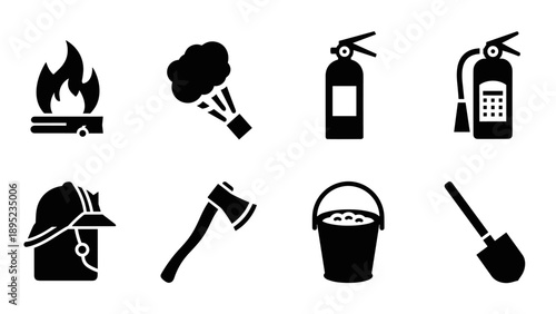 Fire safety icons: essential emergency equipment and tools collection