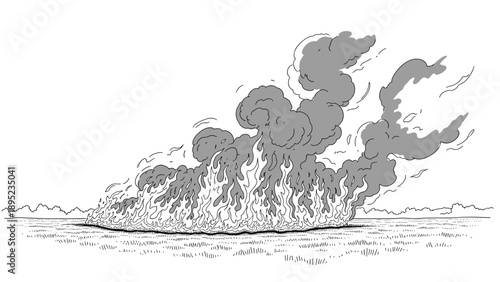 Hand drawn smoke and fire line art in nature setting