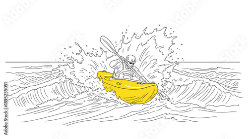 Dynamic line art of kayaker navigating splashing waves in yellow canoe