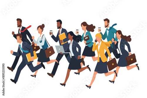 Flat modern illustration of diverse business professionals running with laptops documents and coffee representing fast paced office life.