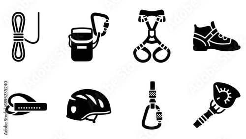 Silhouette icons of climbing gear: rope, harness, helmet, and more