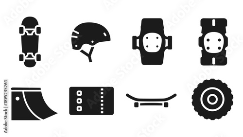 Skateboard safety gear and icons in bold black silhouette style