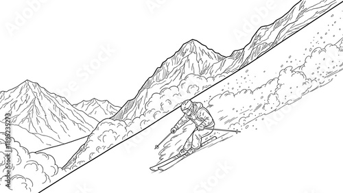 Winter adventure: skiing down mountain slopes in black and white line art