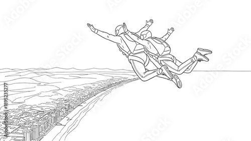 Linear art of tandem skydiving over coastal cityscape