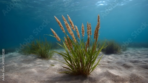 A vibrant underwater seagrass meadow with brown feathery seed heads swaying gently on a sandy seabed illuminated by d d sunlight