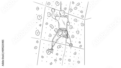 Man climbing indoor rock wall with prosthetic leg in linear style design