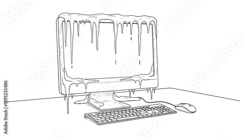 Melting computer in line art style reflecting digital overload and tech fatigue