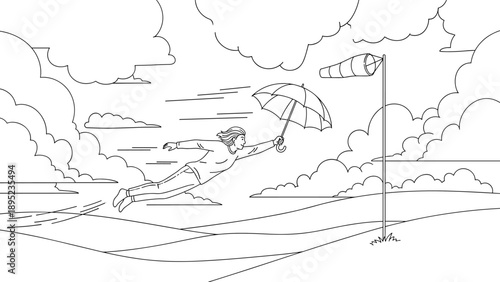 Windy adventure: person flying with umbrella in linear style landscape