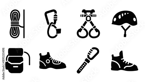Silhouette icons of climbing gear: rope, helmet, shoes, and harness for outdoor adventures