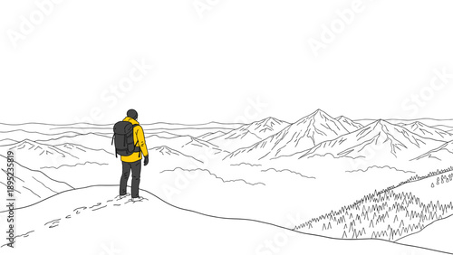 Minimalist line art of hiker on mountain summit with scenic landscape view