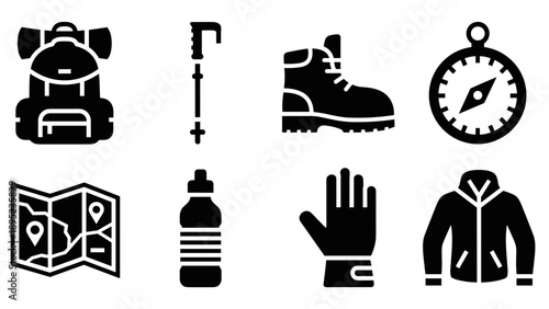 Essential hiking gear icons in bold silhouette style for outdoor adventures