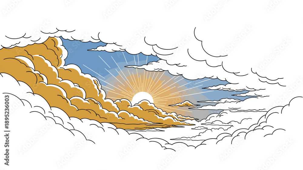 Obraz premium Dramatic sunrise with golden clouds and radiant sky in linear art style
