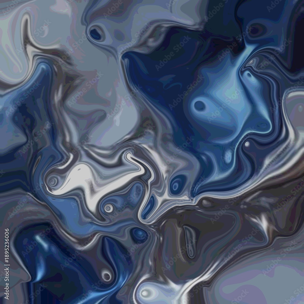 Obraz premium A swirling abstract digital artwork featuring fluid, glossy movements in shades of navy blue, deep gray, silver, and white, resembling liquid marbling or spilled ink.