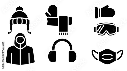 Winter accessories silhouette set: hats, gloves, scarves, goggles, and masks