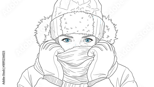 Winter fashion: cozy winter outfit line art with detailed fur hat and gloves