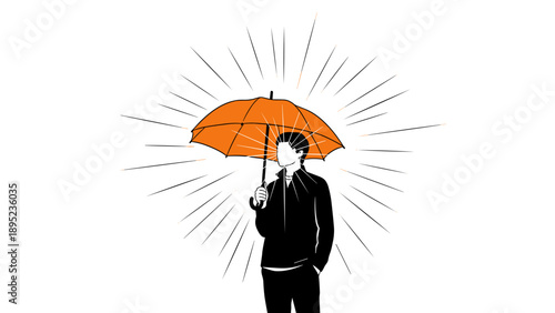 Minimalist line art man holding orange umbrella with radiating lines