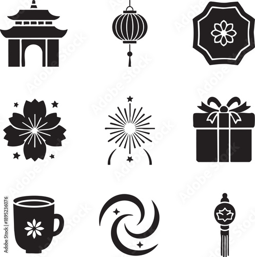 black and white icons of chinese new year symbols