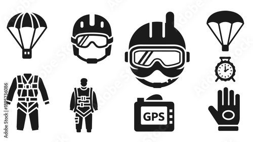 Skydiving equipment silhouette icons set