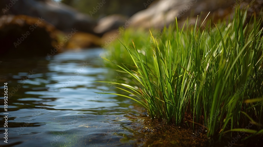 Obraz premium Close up view of lush green grass growing on the bank of a clear shallow stream with blurred rocks in the background
