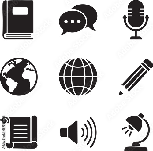 black and white icons for communication and education