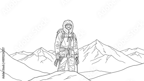 Mountaineer in winter gear exploring snowy mountain peaks in black and white line art