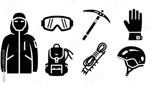 Essential mountaineering gear icons: minimalist equipment set for adventure enthusiasts