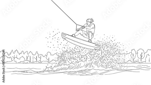 Dynamic wakeboarding in action: black and white line art scene depicting exciting water sports