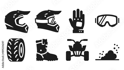 Motocross gear icon set: helmets, gloves, goggles, off-road boots, quad bike