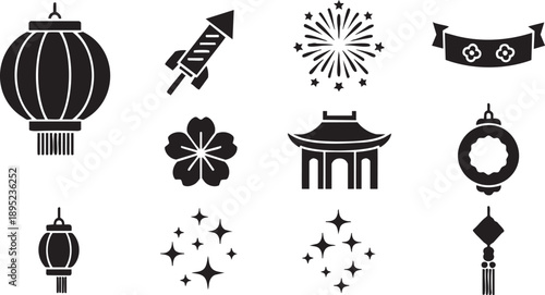 chinese new year icons set with fireworks and lanterns