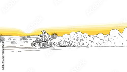 Desert adventure with off-road vehicle kicking up dust at sunset