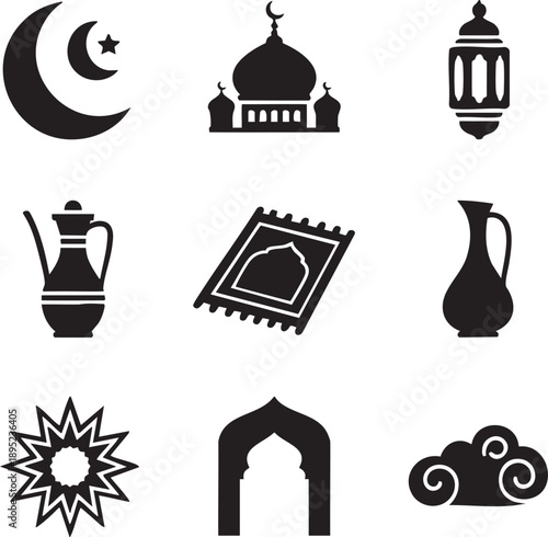 Ramadan and islamic icons set with mosque and crescent moon
