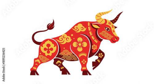 Vibrant red ox with golden patterns for Chinese New Year celebration