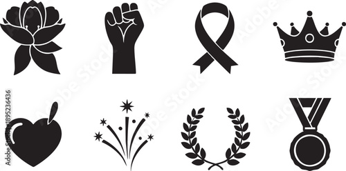 collection of eight black silhouette icons on white background
