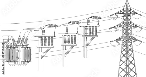 High voltage electricity transmission illustration featuring power transformer, utility poles, and steel lattice tower infrastructure isolated on white background