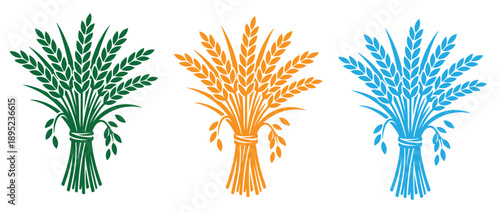 Minimalist Green Rice or Wheat Crop Bundle Logo, ideal for agriculture and food industry branding, featuring tied stalks and grain heads on a clean white background., Flat Vector Elements, Vector .