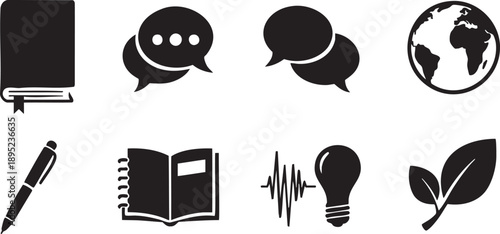 Black and white icons for education and communication tools