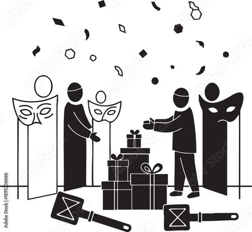 People celebrating with party objects and gift boxes