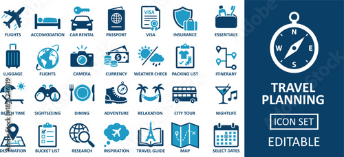 Travel navigation icons featuring weather check car rental accommodation and sightseeing pictograms for vacation itineraries