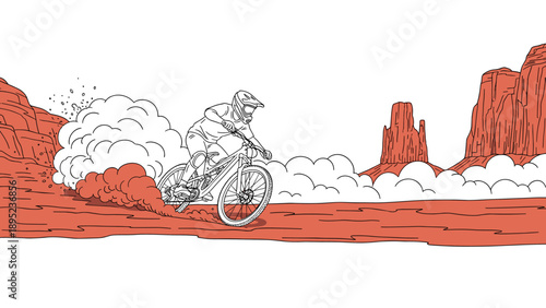 Mountain biker racing through desert landscape in dynamic linear art style