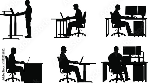 Office workstation silhouettes collection showing standing desk and seated computer work setups for ergonomics, productivity, and modern business workplace concepts