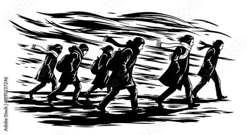 Students walking together in a strong wind Vector