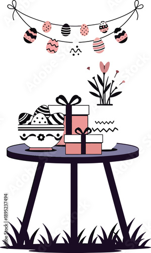 Easter gift table still life with presents and decoration flat vector
